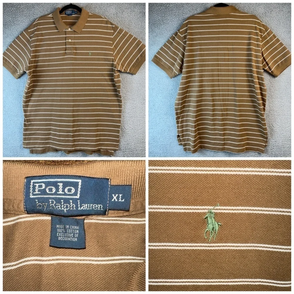 Polo by Ralph Lauren Shirt Mens XL Brown Stripe Knit Polo Green Pony Logo